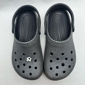 Crocs Kids Glitter Black Clogs Junior Size 2 with Soccer Charm